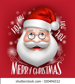 3D Realistic Santa Claus Head Greeting Merry Christmas in a Red Background. Detailed Vector Illustration
