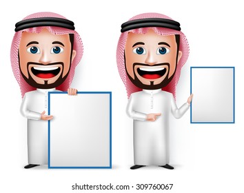 3D Realistic Saudi Arab Man Cartoon Character Showing Blank White Board Wearing Thobe Isolated in White Background. Set of Vector Illustration.
