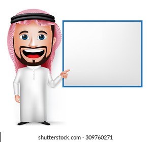 3D Realistic Saudi Arab Man Cartoon Character Showing Blank White Board Wearing Thobe Isolated in White Background. Vector Illustration.
