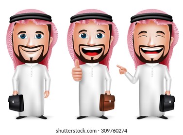 3D Realistic Saudi Arab Man Cartoon Character with Different Pose Holding Briefcase Wearing Thobe Isolated in White Background. Set of Vector Illustration.
