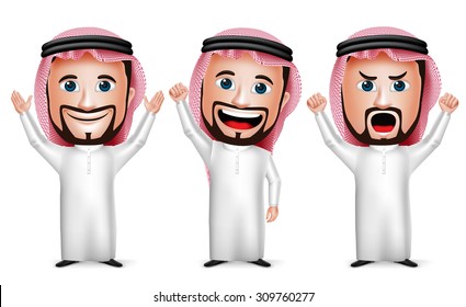 3D Realistic Saudi Arab Man Cartoon Character Raising Hands Up Gesture Wearing Thobe Isolated in White Background. Set of Vector Illustration.
