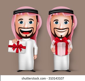 3D Realistic Saudi Arab Man Cartoon Character Holding and Giving a Red Beautiful Gift Wearing Thobe. Set of Vector Illustration.
