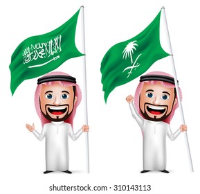 3D Realistic Saudi Arab Man Cartoon Character Holding and Waving Saudi Arabia Flag for National Day  Isolated in White. Vector Illustration.
