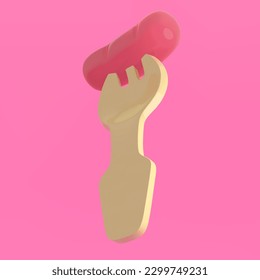 3d realistic sausage toy fork icon cartoon style on pink background. Vector illustration EPS10