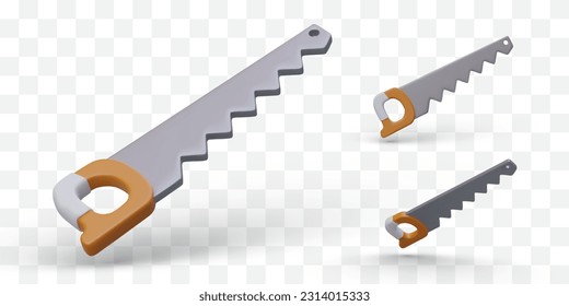 3d realistic saw in different positions. Repair tool, wood concept. Colored product of instrument for poster or online store. Colorful vector illustration in cartoon style
