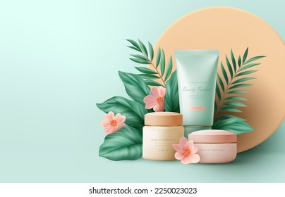 3d escena realista de productos cosméticos y hojas de palmeras tropicales. Diseño de sitios Web, Aterrizaje de páginas en la tienda de cosméticos. Ilustración del vector EPS10