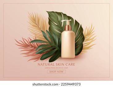 3d realistic scene of Cosmetic Products and Tropical Palm Leaves. Web Site Design, Cosmetics Store Page Landing. Vector illustration EPS10