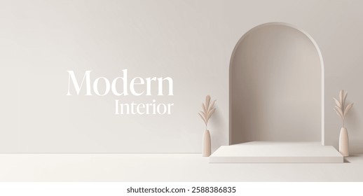 3D realistic scene with empty podium for product advertising, arch, wall, and potted plants. Pastel banner. Minimalistic interior with objects. Vector