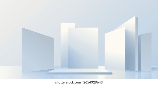 3D realistic scene with a flat podium surrounded by square figures.