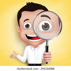 3D Realistic School Boy or Professor Holding Magnifying Glass Looking for Discovery in Yellow Background. Vector Illustration
