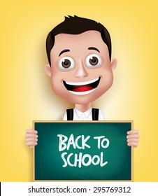 3D Realistic School Boy Student Happy Smiling Holding a Blackboard With Back to School Text Written. Vector Illustration