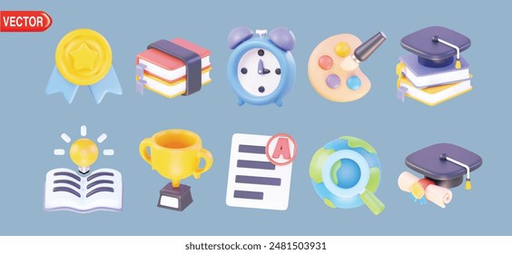 3d Realistic School and education icons set. A Grade Result, Alarm Clock, Books, Color Palette, Education Book, Global Search, Graduation Hat, Knowledge Idea, Star Badge, Trophy. 