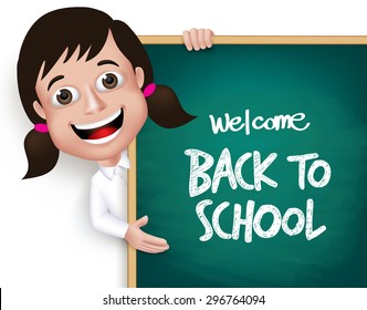 3D Realistic School Girl Student Happy Smiling Holding a Blackboard With Back to School Text Written Isolated in White Background. Vector Illustration