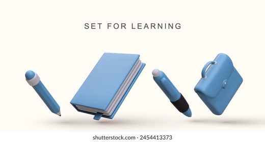 3d realistic set accessories for learning on white background. Vector illustration.