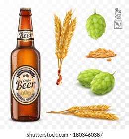 3d realistic set for beer, ears and grains of wheat, hop cones, bottle brown beer with label