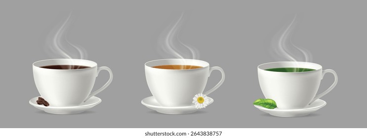 3d realistic set of black coffee, chamomile tea and green tea on white mugs or cups with coffee beans, chamomile flower and tea leaves. Vector illustration