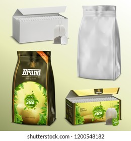 3D realistic set blank white paper tea bags and loose leaves packs boxes and examples with ready design