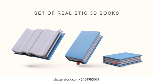 Conjunto realista 3d de libros azules realistas sobre fondo blanco. Ilustración vectorial.