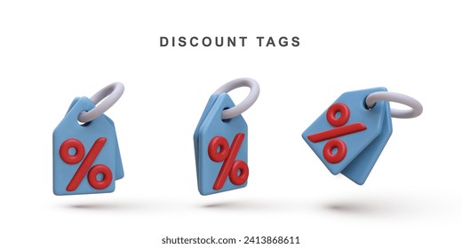 3d conjunto realista de etiquetas de descuento azul aisladas en fondo blanco. Ilustración vectorial.