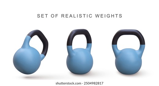 3d realistic set blue Kettlebells on white background. Vector illustration.