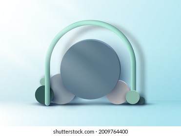 El grupo geométrico 3D de círculos de ajuste realista forma un fondo de burla sobre un fondo azul suave con iluminación. Ilustración del vector
