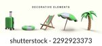 3d realistic set of decorative elements in beach chair, suitcase, camera, umbrella, palm tree, lifebuoy. Vector illustration.
