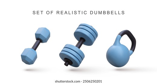 3d realistic set dumbbells on white background. Vector illustration.
