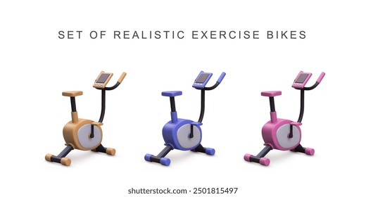 Bicicletas de ejercicio 3D realistas. Ilustración vectorial.