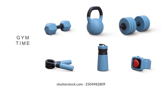 3d realistic set gym time on white background. Vector illustration.
