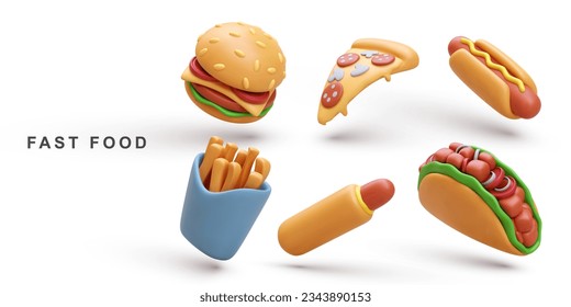 3d juego realista Hamburger, Pizza, Perro caliente, Taco y patatas fritas. Ilustración vectorial.