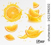 3D realistic set of isolated different vector splashes of orange juice with slices and slices of orange fruit