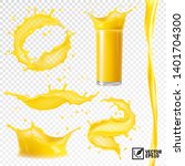 3D realistic set of isolated vector different splashes of juice of orange, mango, bananas and other fruits, transparent glass with a splash, spray and vortex juice
