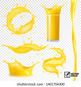 3D realistic set of isolated vector different splashes of juice of orange, mango, bananas and other fruits, transparent glass with a splash, spray and vortex juice