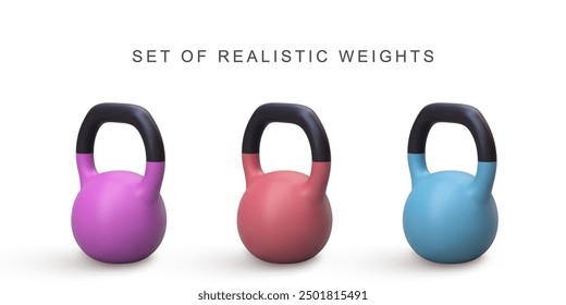 3d realistic set Kettlebells on white background. Vector illustration.