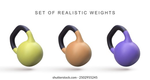 Conjunto realista 3d Kettlebells. Ilustración vectorial.