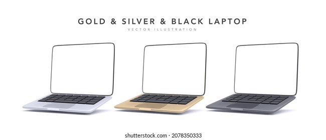 3d realistic set laptops in gold, silver, black colours with shadow. Vector illustration