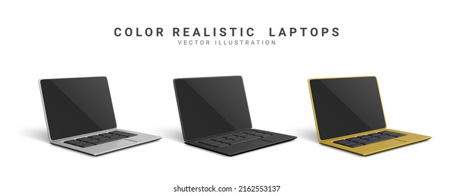 3d realistic set laptops in gold, silver, black colours with shadow. Vector illustration