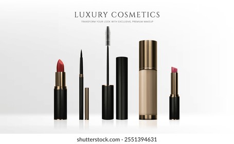 Un conjunto realista 3D de productos de maquillaje lápiz labial, cepillo de máscara, delineador de ojos, crema de base con reflejo, diseño elegante en tonos negros y dorados. Perfecto para anuncios de cosméticos. En la mesa blanca. No la IA.