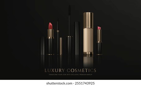 Un conjunto realista 3D de productos de maquillaje que incluye lápiz labial, cepillo de máscara, delineador de ojos, crema de base con reflejo, diseño elegante en tonos negros y dorados. Perfecto para anuncios de cosméticos. No la IA.