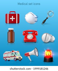 3d Realistic Set Of Medical Icons. First Aid Kit Bag, Mask, Magnifying Glass, Pill Bottle, Red Phone, Pills, Ambulance Car, Megaphon And Red Light.