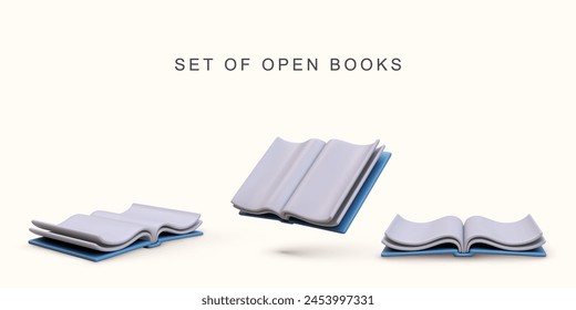 3d realistic set open books on white background. Vector illustration.