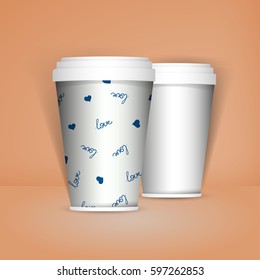 3D Realistic set of paper coffee or tea cups. Mock up. Vector Template. Take away utensil, tableware. Hot drinks mugs. White paper cup and with pattern about coffee love.