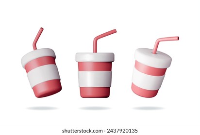 3d Realistic Set of Red Disposable Cup with Straw Isolated. Render Collection of Paper Glass with Drinking Straw. Container for Beverages. Fast Food. Vector Illustration