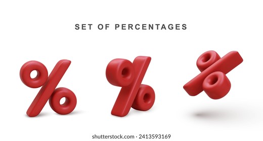3d Conjunto realista de porcentaje rojo aislado en fondo blanco. Ilustración vectorial.