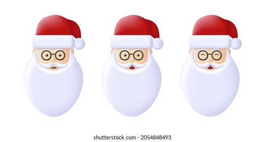 3D Realistic Set of Santa Claus Cartoon Character smiling with different face expressions, isolated illustration