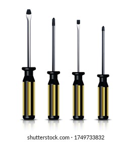 3d realistic set of screw drivers in different sizes. Isolated on white background.
