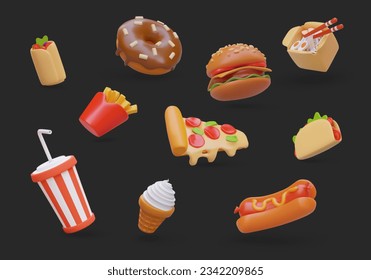 3d realistic set of tasty fast food on black background. Collection of street food. Pizza with sausage, burger with meat, sweet chocolate donut and ice cream. Vector illustration