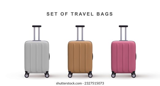 3D realistic set travel trolley bags. Vector illustration.