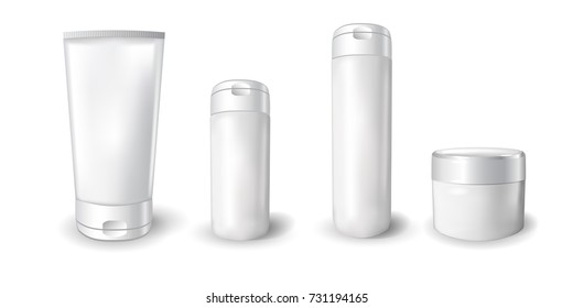 3D realistic Set vector blank templates cosmetic tube or container, cream jar, tube. mock-up of cosmetic package of empty and clean white plastic containers.