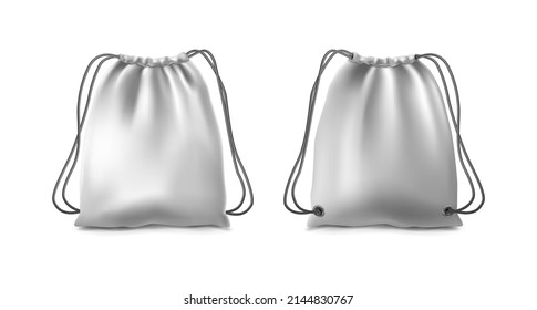 3d realistic set of vector icons. White sport backpack with handles. is front and back view.